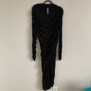 SOLD Pretty Little Thing Elegant Black Mesh Super Ruched Long Sleeve Dress